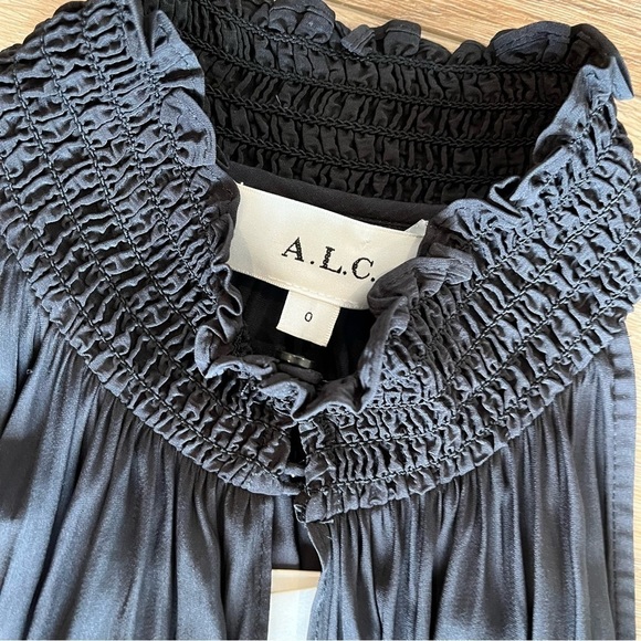 NWT ALC Size 0 Cody Solid Black A-line Dress Smocked Halter Sharkbite Hem $525 - Picture 4 of 6